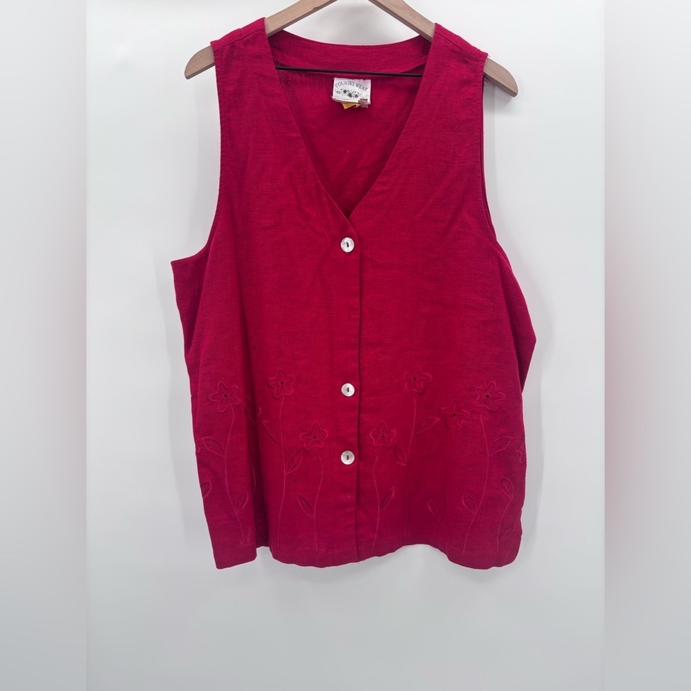 Country Wear Casuals Women’s Vest Tonal Floral Embroidery Y2K Large in Red